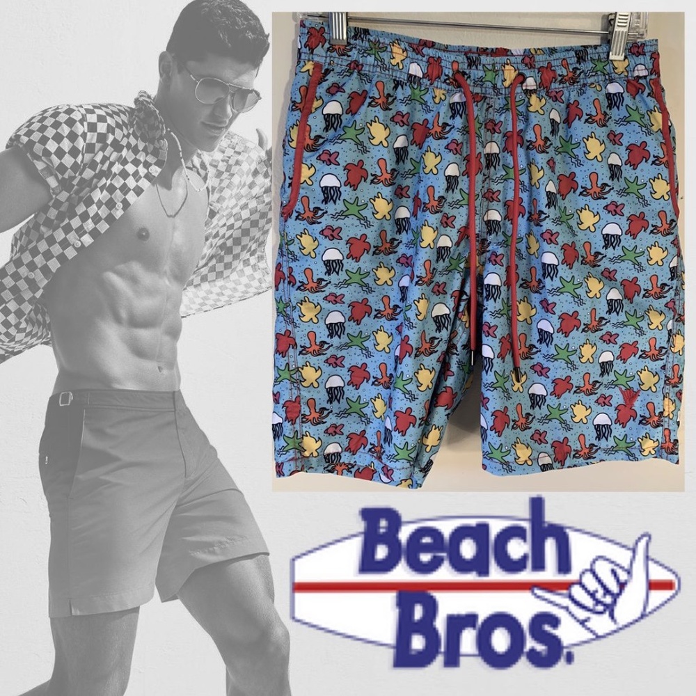 Beach Bros Swim Trunks Small 8" inseam 100% polyester Fully lined